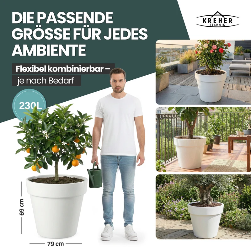 XXL Pflanzkübel / Pflanztopf „LIKE“ Ø 79 x H 69 cm - Weiß - Rund, Rollbar - in Natur Stein Optik
