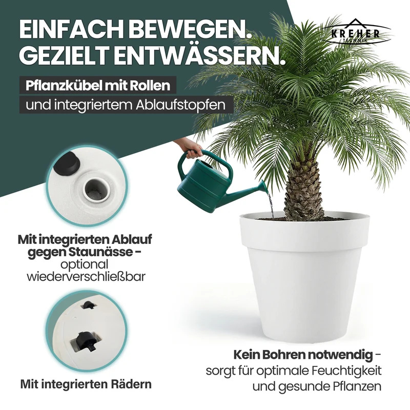 XXL Pflanzkübel / Pflanztopf „LIKE“ Ø 79 x H 69 cm - Weiß - Rund, Rollbar - in Natur Stein Optik