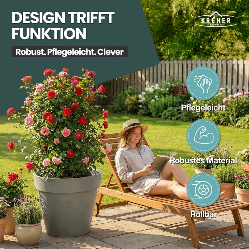 XXL Pflanzkübel / Pflanztopf „LIKE“ Ø 79 x H 69 cm - Braun - Rund, Rollbar - in Natur Stein Optik
