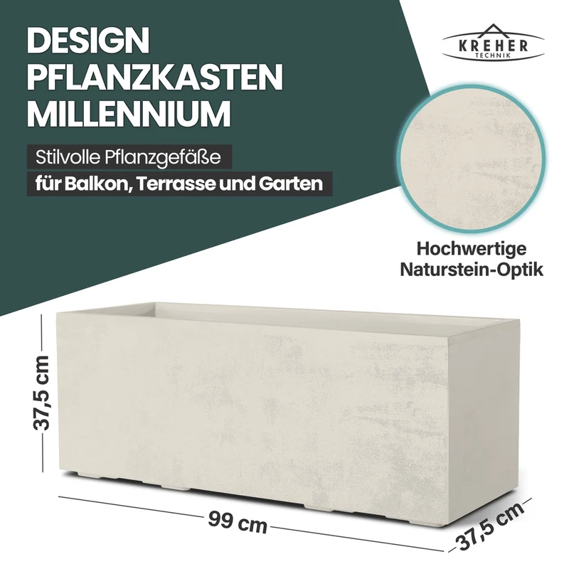 XL Pflanzkübel 'Millennium' 100 Liter, rechteckig in Creme Weiß