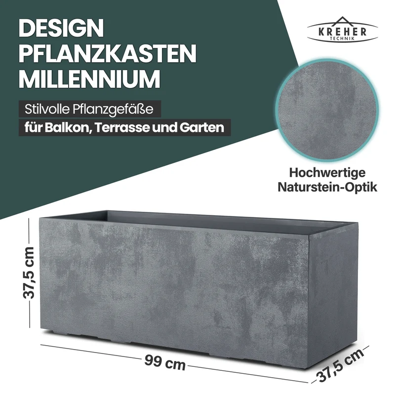 XL Pflanzkübel 'Millennium' 100 Liter, rechteckig in Grau