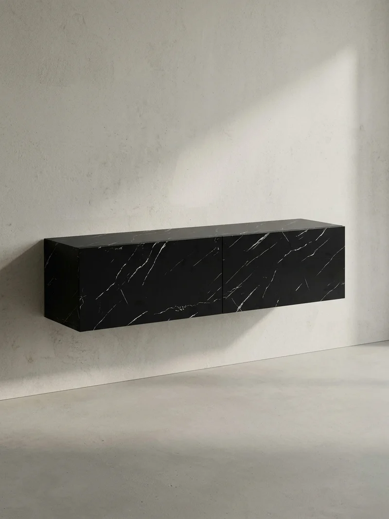 TV-Lowboard hängend, Marmor-Optik, Klapptüren, modern