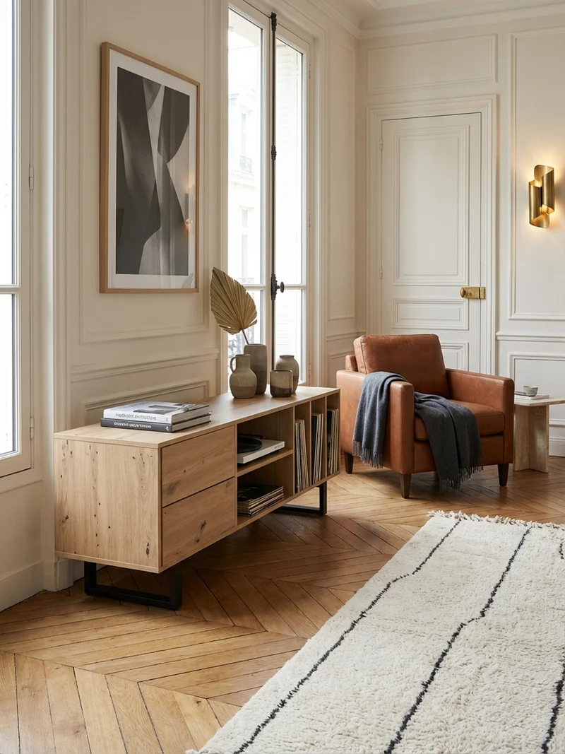 TV-Lowboard mit Eiche-Dekor, Schubladen und offenes Regal, modern