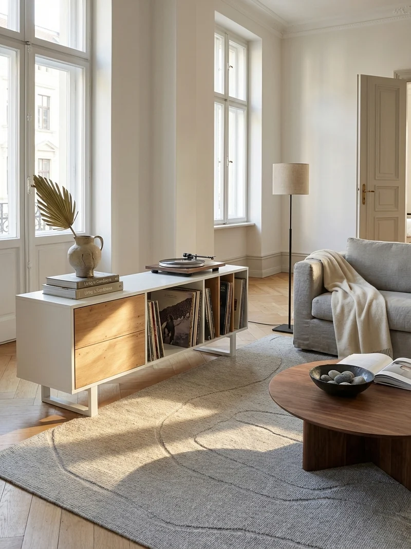 TV-Lowboard mit Eiche-Dekor, Schubladen und offenes Regal, modern