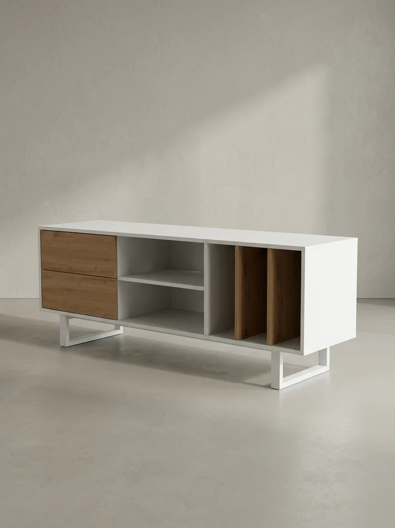 TV-Lowboard mit Eiche-Dekor, Schubladen und offenes Regal, modern