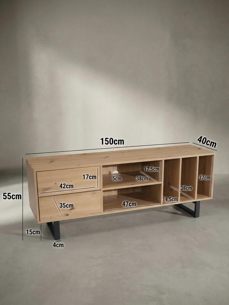 TV-Lowboard mit Eiche-Dekor, Schubladen und offenes Regal, modern