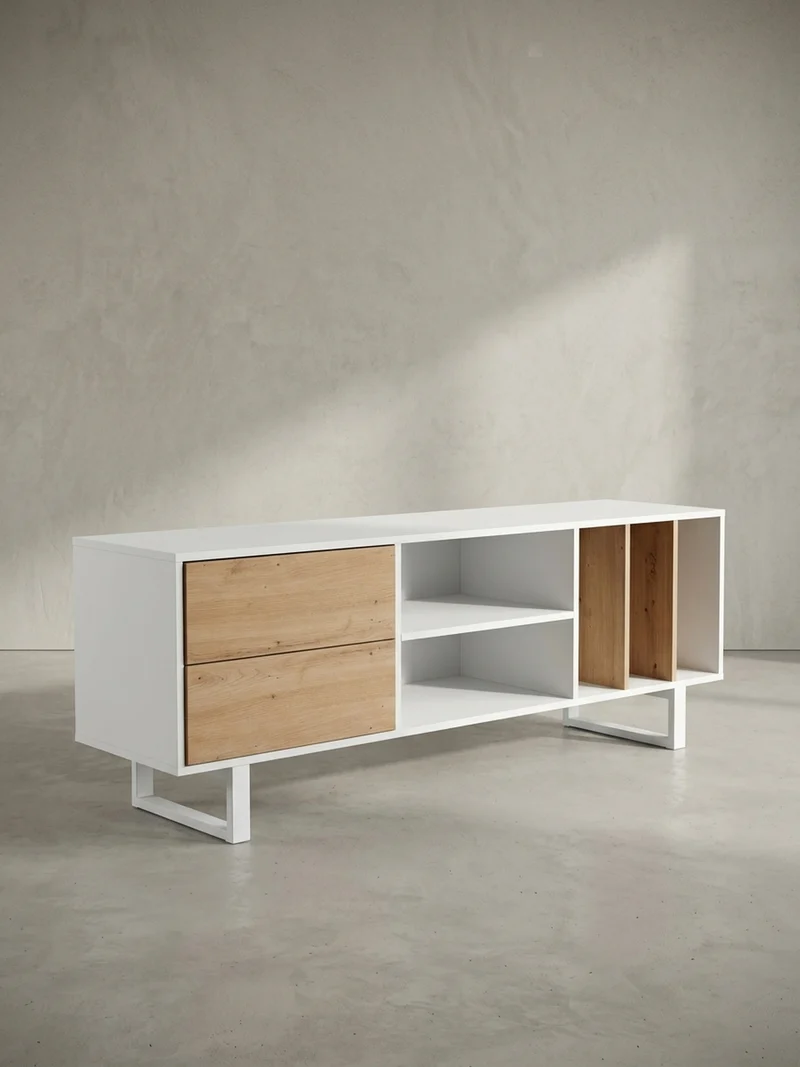 TV-Lowboard mit Eiche-Dekor, Schubladen und offenes Regal, modern