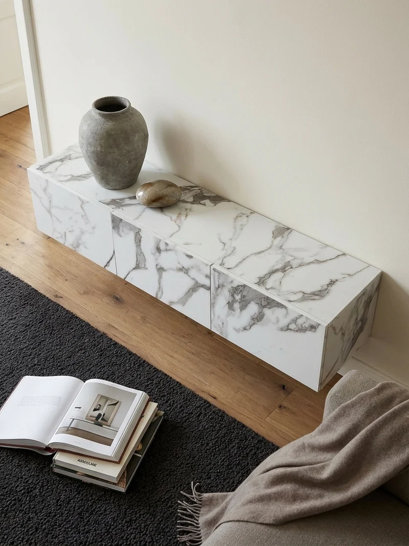 TV-Lowboard hängend groß, Marmor-Optik, Klapptüren, modern