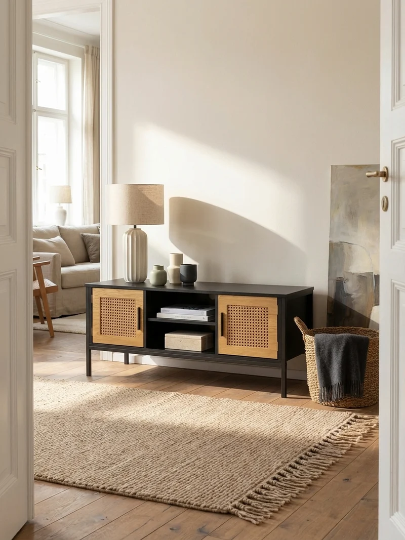Lowboard Schwarz Eiche-Dekor Zeitloser Stil 110x48x40 cm mit Wiener Geflecht und Türen