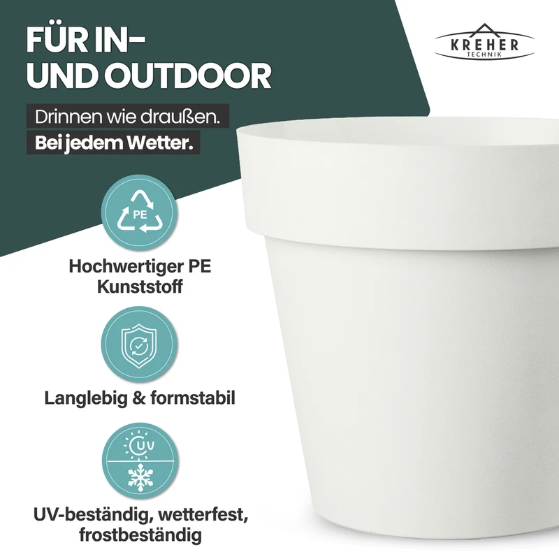 XL Pflanzkübel / Pflanztopf „LIKE“ Ø 58 x H 51 cm - Weiß - Rund, Rollbar - in Natur Stein Optik