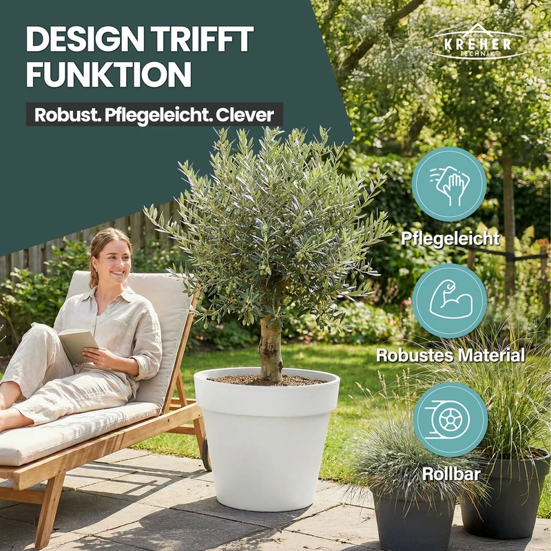 XL Pflanzkübel / Pflanztopf „LIKE“ Ø 58 x H 51 cm - Weiß - Rund, Rollbar - in Natur Stein Optik