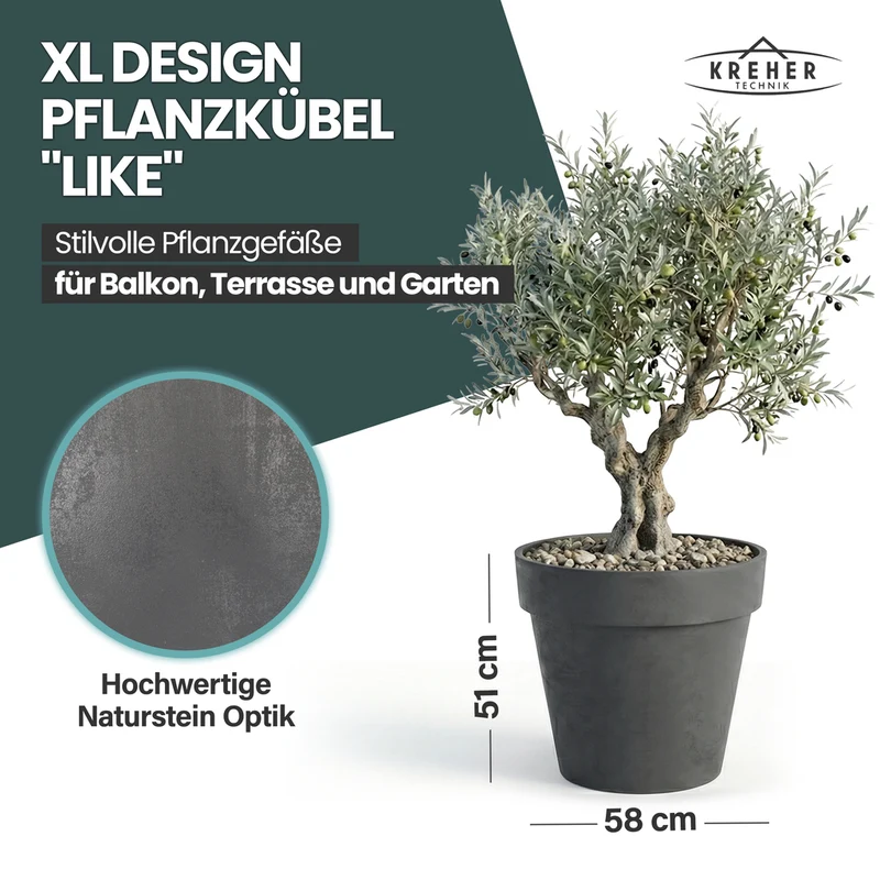 XL Pflanzkübel / Pflanztopf „LIKE“ Ø 58 x H 51 cm - Anthrazit - Rund, Rollbar - in Natur Stein Optik