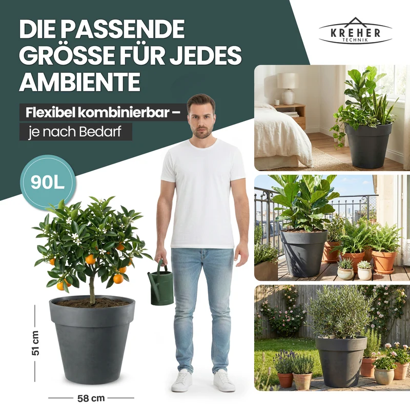XL Pflanzkübel / Pflanztopf „LIKE“ Ø 58 x H 51 cm - Anthrazit - Rund, Rollbar - in Natur Stein Optik
