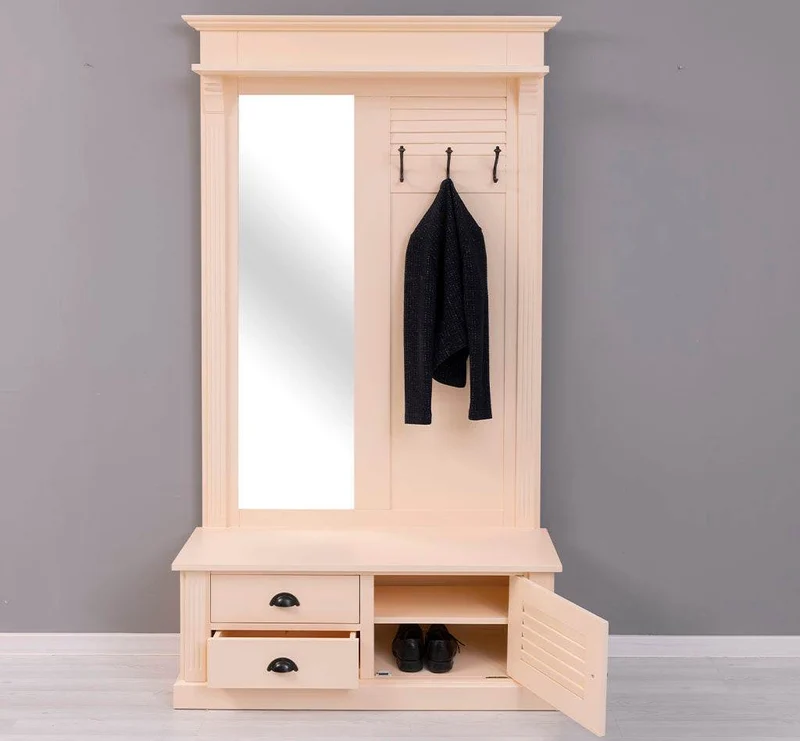 Spiegelgarderobe aus Massivholz mit Sitzfläche | 3 Haken | Schuhfächern und 2 Schubladen