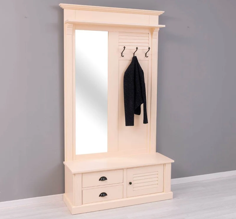 Spiegelgarderobe aus Massivholz mit Sitzfläche | 3 Haken | Schuhfächern und 2 Schubladen