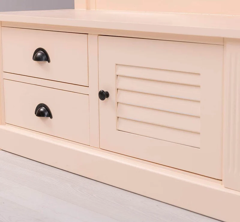 Spiegelgarderobe aus Massivholz mit Sitzfläche | 3 Haken | Schuhfächern und 2 Schubladen