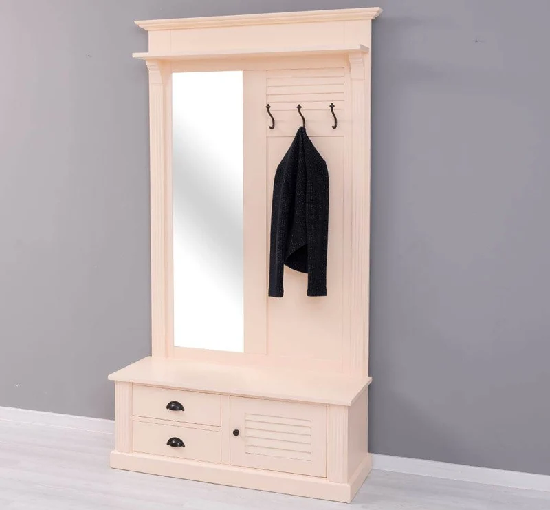 Spiegelgarderobe aus Massivholz mit Sitzfläche | 3 Haken | Schuhfächern und 2 Schubladen