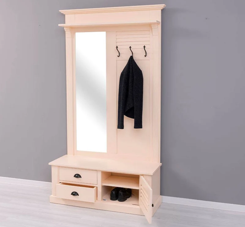 Spiegelgarderobe aus Massivholz mit Sitzfläche | 3 Haken | Schuhfächern und 2 Schubladen