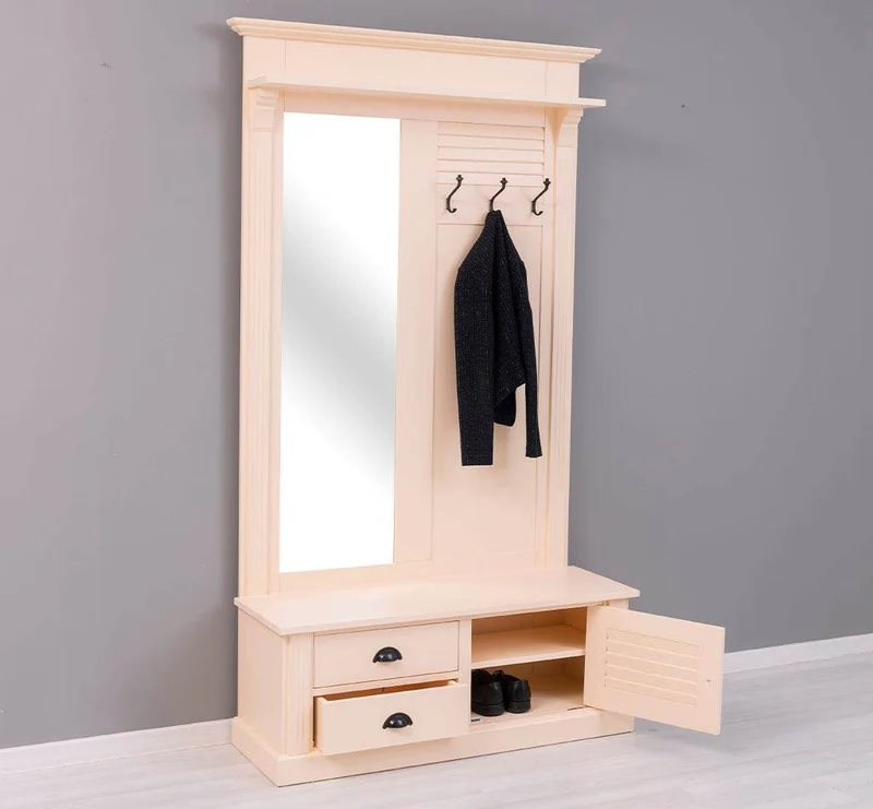 Spiegelgarderobe aus Massivholz mit Sitzfläche | 3 Haken | Schuhfächern und 2 Schubladen