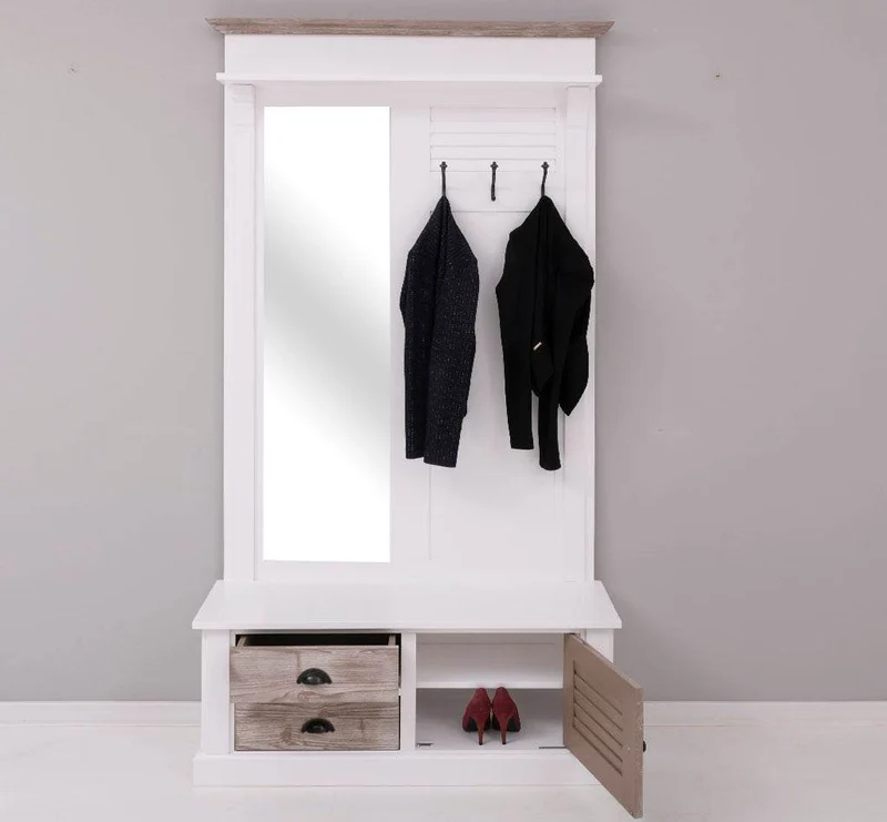 Spiegelgarderobe aus Massivholz mit Sitzfläche | 3 Haken | Schuhfächern und 2 Schubladen