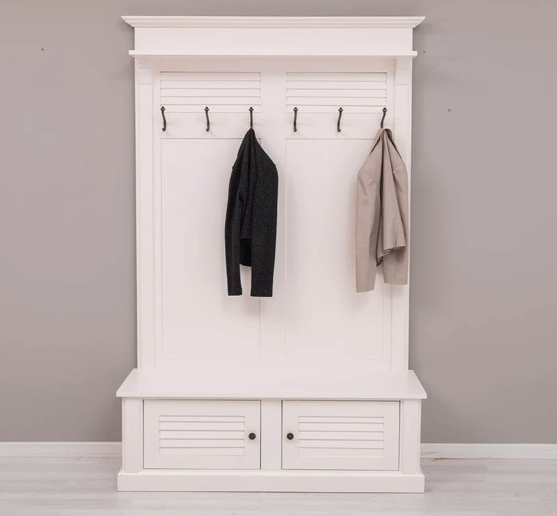 Garderobe aus Massivholz mit Sitzfläche | 6 Haken, Schuhschrank, Lamellentüren