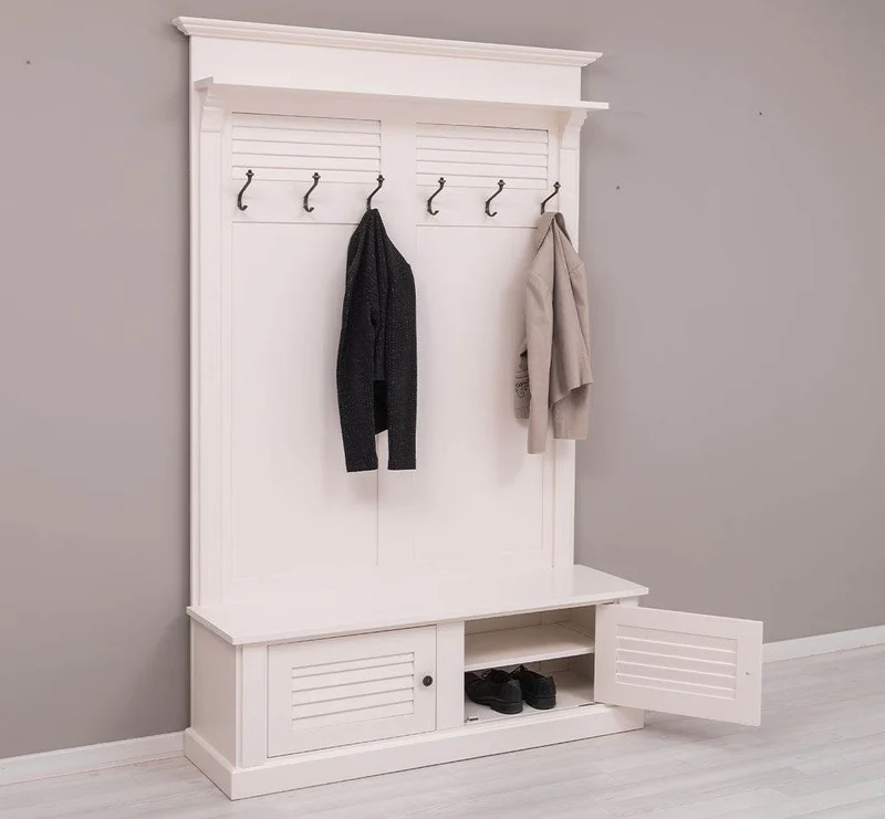 Garderobe aus Massivholz mit Sitzfläche | 6 Haken, Schuhschrank, Lamellentüren
