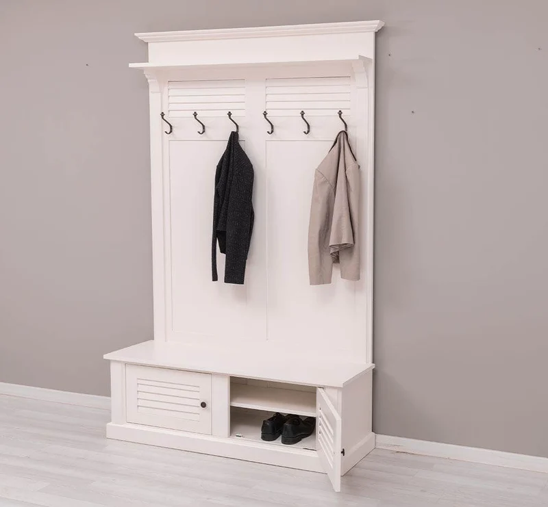 Garderobe aus Massivholz mit Sitzfläche | 6 Haken, Schuhschrank, Lamellentüren