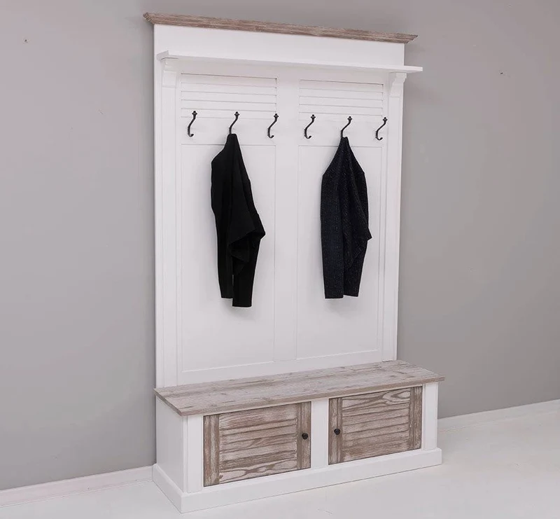 Garderobe aus Massivholz mit Sitzfläche | 6 Haken, Schuhschrank, Lamellentüren