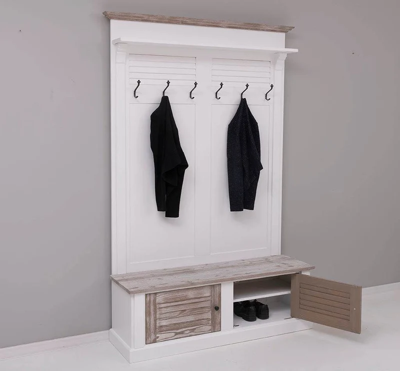 Garderobe aus Massivholz mit Sitzfläche | 6 Haken, Schuhschrank, Lamellentüren