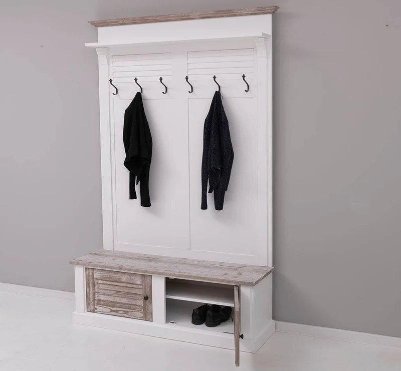 Garderobe aus Massivholz mit Sitzfläche | 6 Haken, Schuhschrank, Lamellentüren