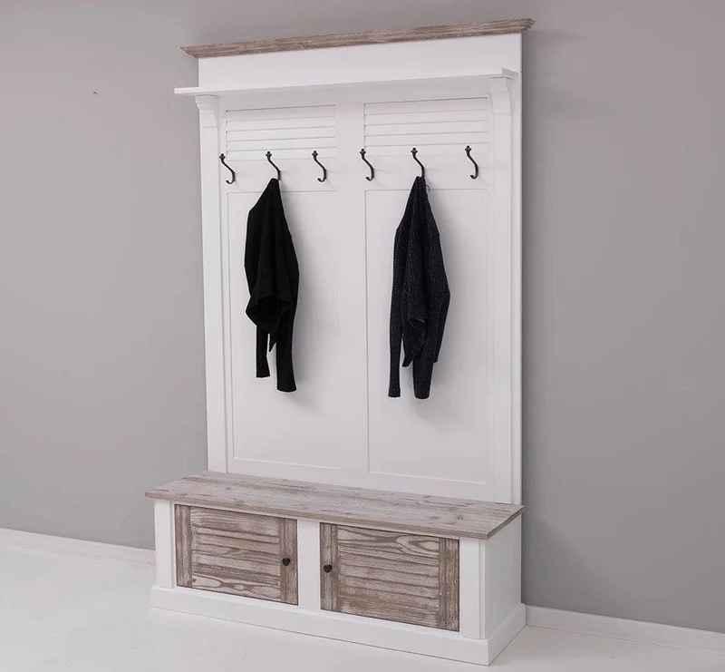 Garderobe aus Massivholz mit Sitzfläche | 6 Haken, Schuhschrank, Lamellentüren