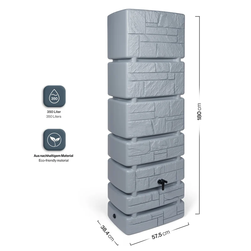 XXL Wassertank "TOWER STONE" 350 Liter in Grau (STEIN OPTIK) mit Füllautomat und Wasserhahn