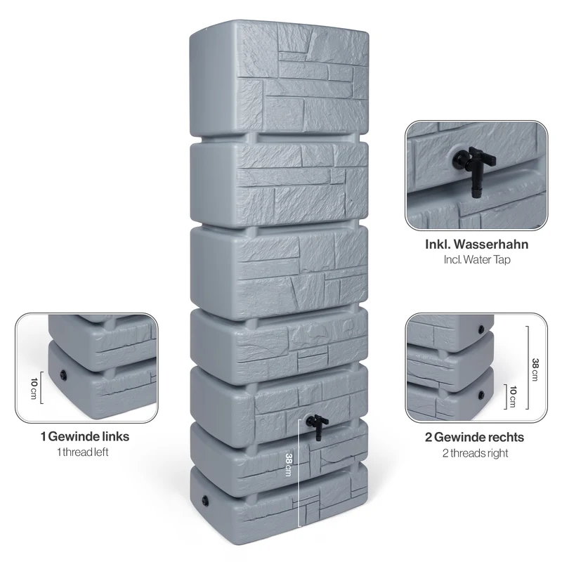 XXL Wassertank "TOWER STONE" 350 Liter in Grau (STEIN OPTIK) mit Füllautomat und Wasserhahn