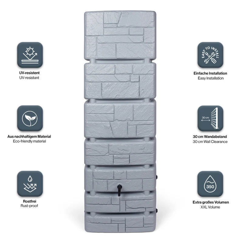 XXL Wassertank "TOWER STONE" 350 Liter in Grau (STEIN OPTIK) mit Füllautomat und Wasserhahn