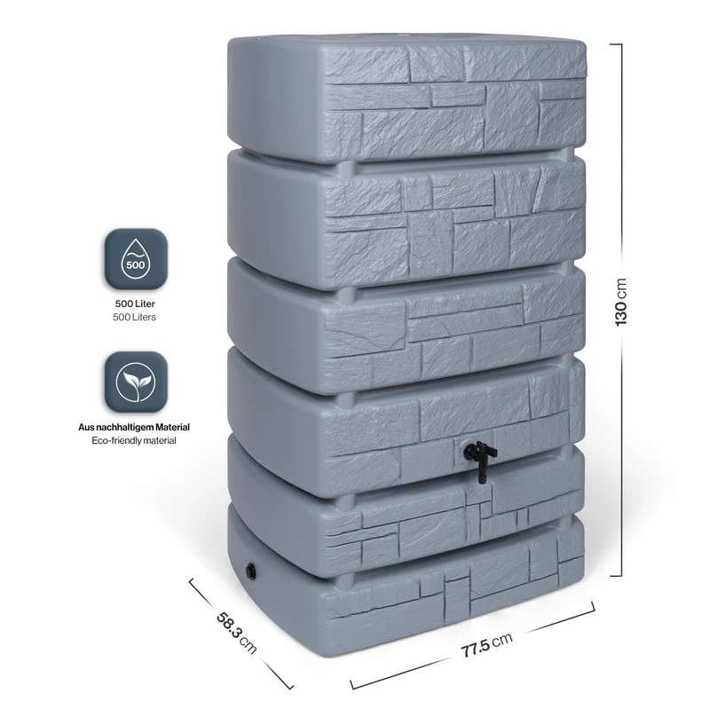 XXL Wassertank "TOWER STONE" 500 Liter in Grau (STEIN OPTIK) mit Füllautomat und Wasserhahn