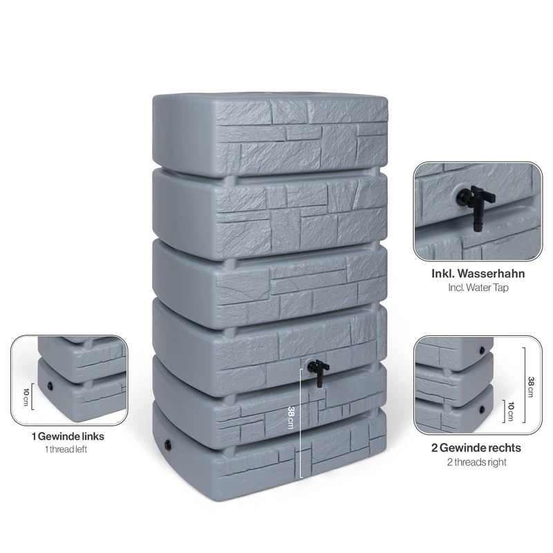 XXL Wassertank "TOWER STONE" 500 Liter in Grau (STEIN OPTIK) mit Füllautomat und Wasserhahn