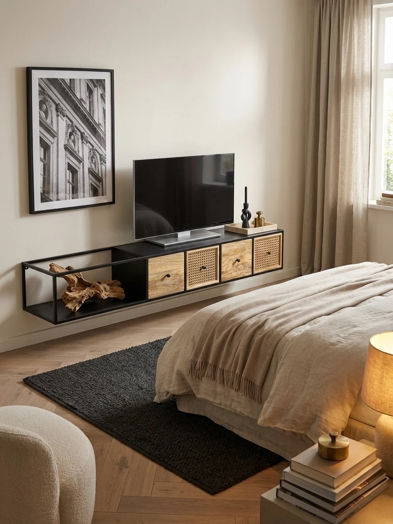 Lowboard Hängend Mango Massivholz Metall Modern Stil mit Schubladen und Rattan-Fronten