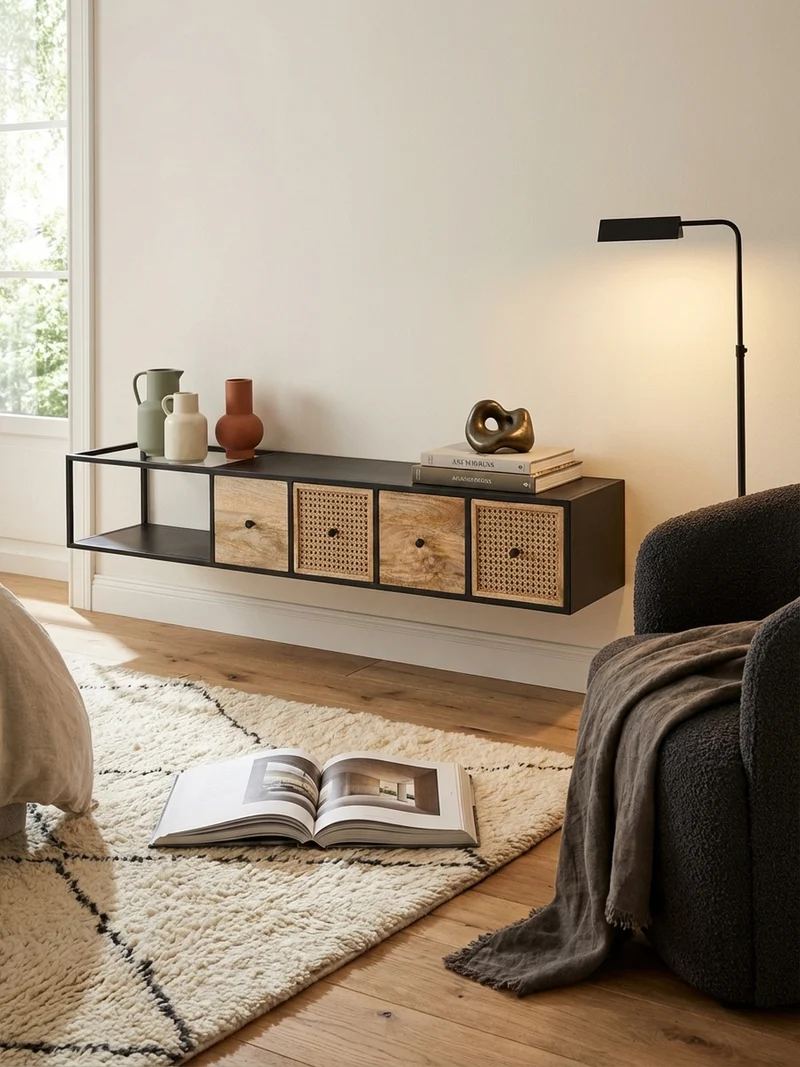 Lowboard Hängend Mango Massivholz Metall Modern Stil mit Schubladen und Rattan-Fronten