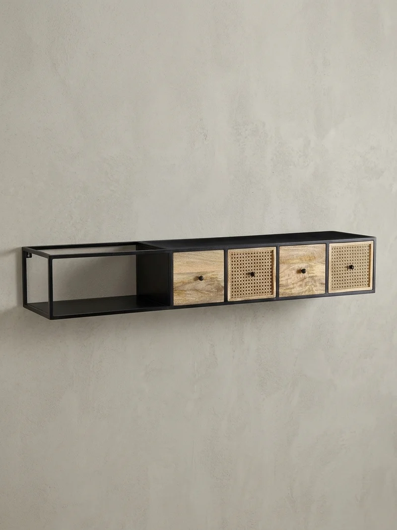 Lowboard Hängend Mango Massivholz Metall Modern Stil mit Schubladen und Rattan-Fronten