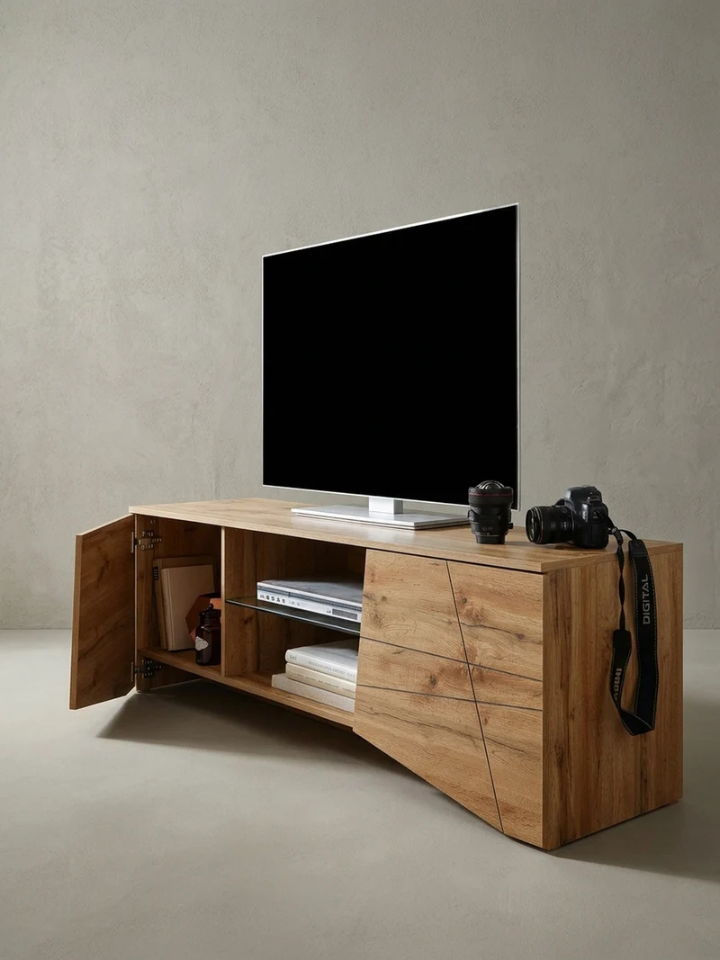 Lowboard Eiche-Dekor Modern Stil für 70-Zoll Fernseher mit Glasablage