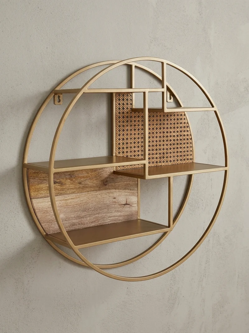Wandregal Rattan Massivholz Metall Industrial Stil mit 5 Ablagen