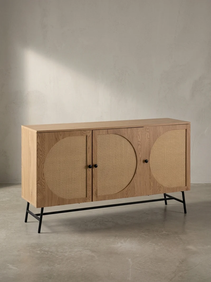 Sideboard – Eiche-Dekor/Rattan, 140x80x39 cm, 3 Türen, hoch
