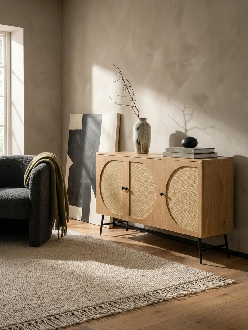 Sideboard – Eiche-Dekor/Rattan, 140x80x39 cm, 3 Türen, hoch