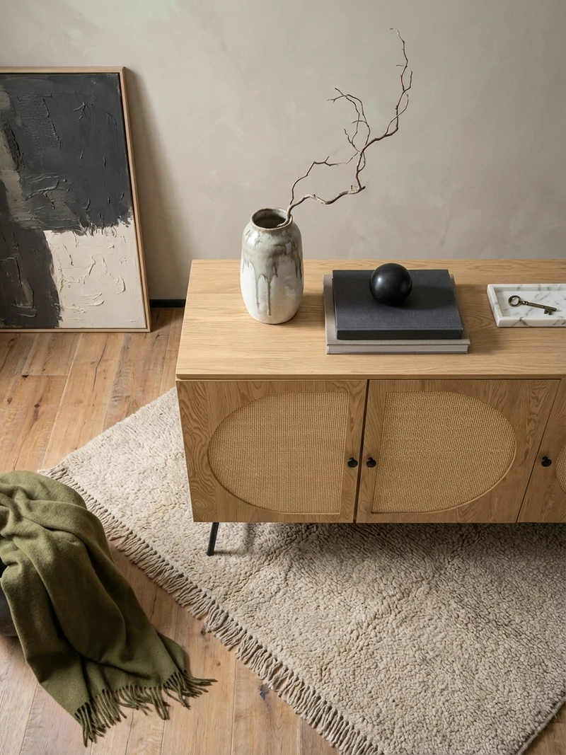 Sideboard – Eiche-Dekor/Rattan, 140x80x39 cm, 3 Türen, hoch
