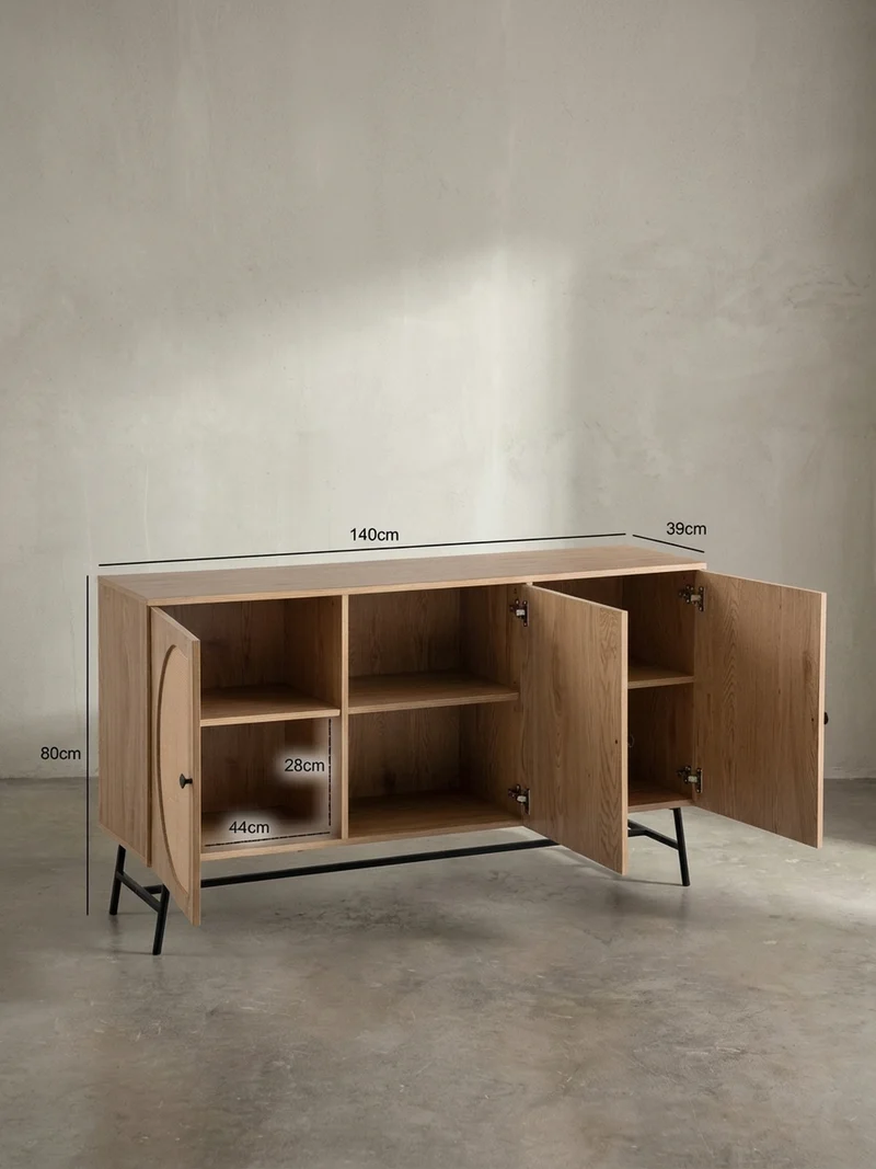 Sideboard – Eiche-Dekor/Rattan, 140x80x39 cm, 3 Türen, hoch