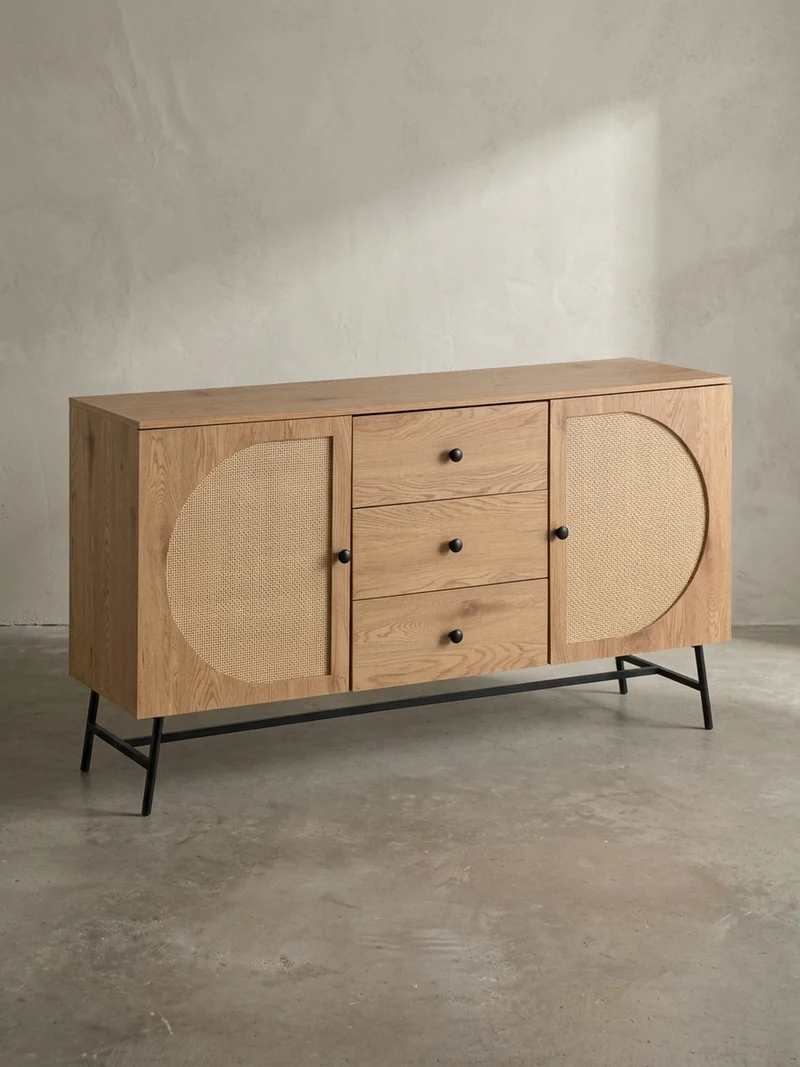 Sideboard – Eiche-Dekor/Rattan, 140x80x40 cm, 2 Türen, 3 Schubladen, hoch