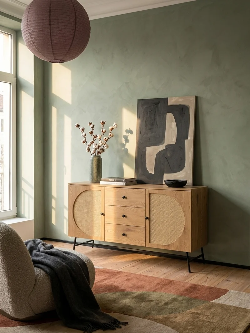 Sideboard – Eiche-Dekor/Rattan, 140x80x40 cm, 2 Türen, 3 Schubladen, hoch