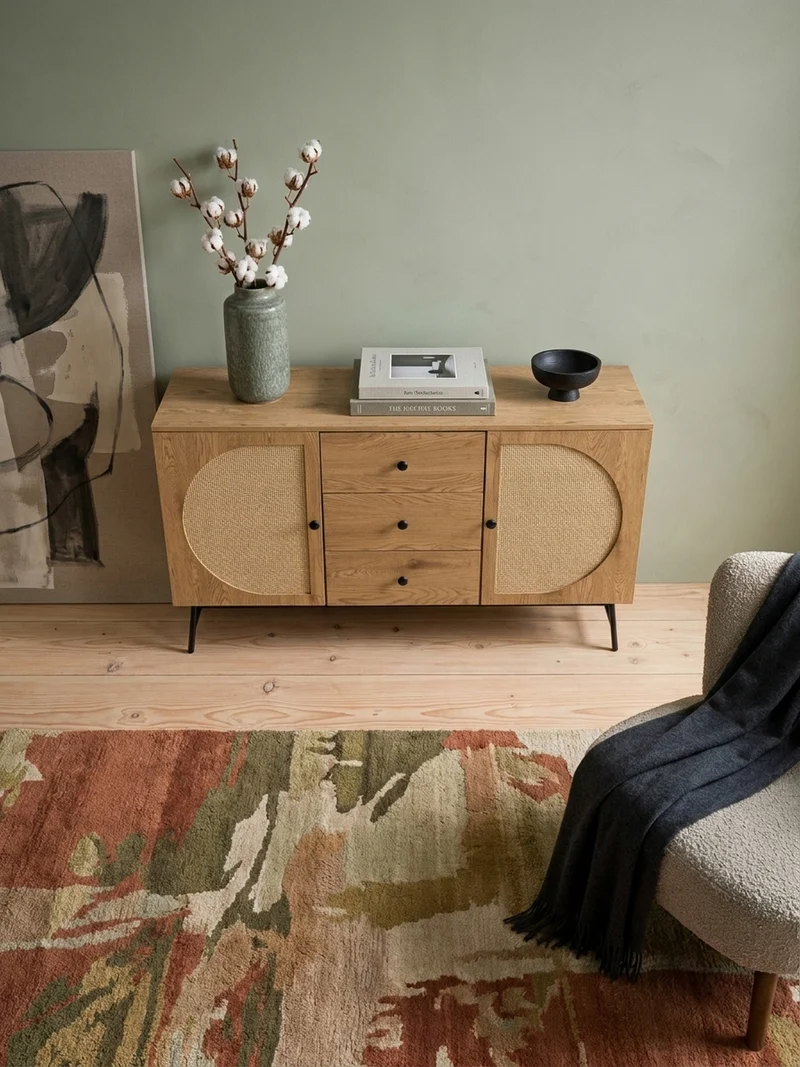 Sideboard – Eiche-Dekor/Rattan, 140x80x40 cm, 2 Türen, 3 Schubladen, hoch