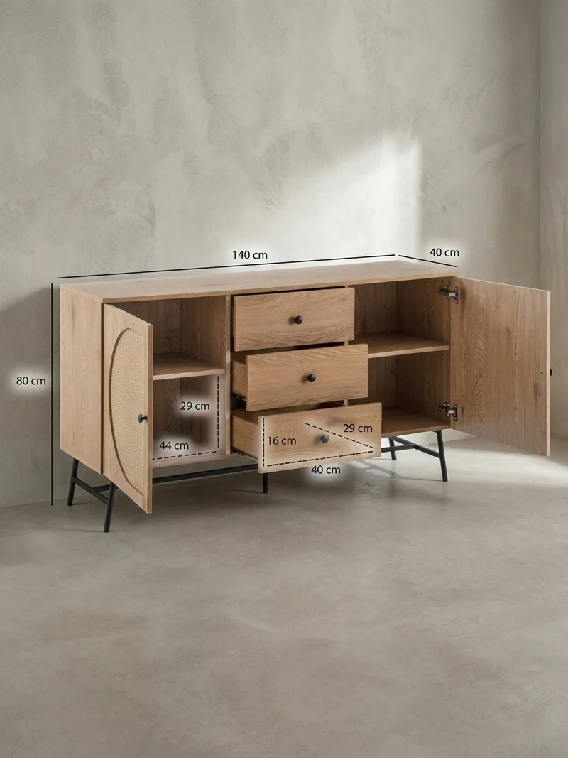 Sideboard – Eiche-Dekor/Rattan, 140x80x40 cm, 2 Türen, 3 Schubladen, hoch