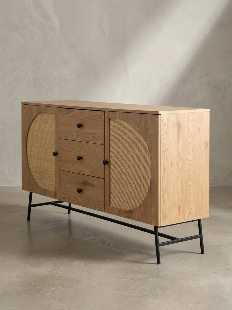 Sideboard – Eiche-Dekor/Rattan, 140x80x40 cm, 2 Türen, 3 Schubladen, hoch